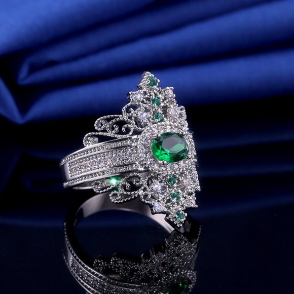 Vintage Emerald Green Oval Zircon Anillo Luxury Silver Ring for Women,… - Picture 1 of 5